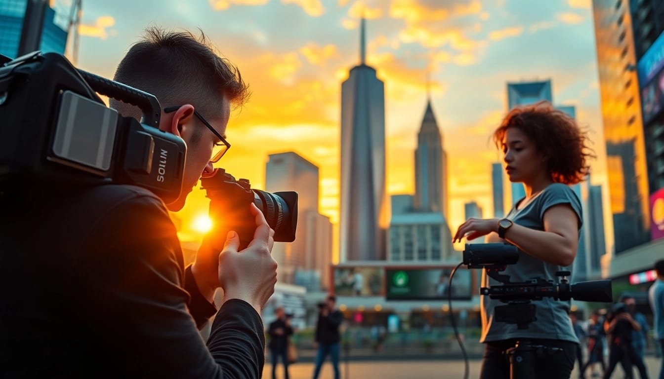 Videographer engaged in video production, skillfully capturing a model against a vibrant sunset backdrop.