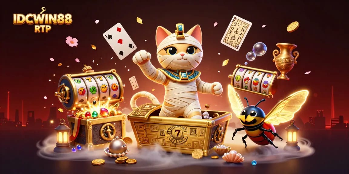 Experience exciting gameplay with IDCWIN88 RTP as the mummy cat and scarab beetle explore a vibrant casino scene.
