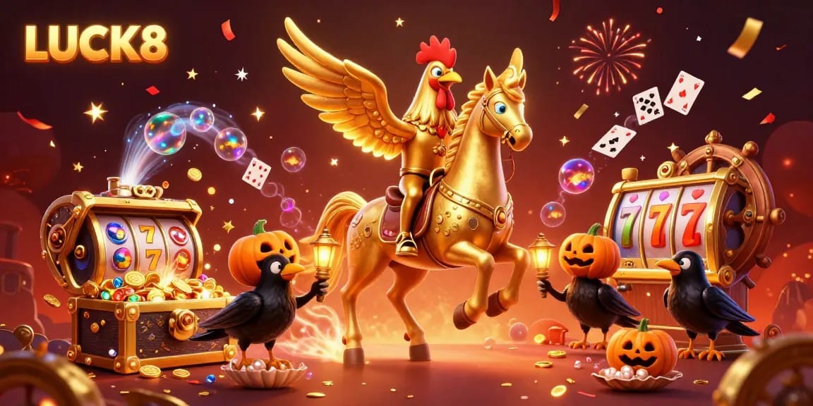 Experience the excitement of LUCK8 with a golden rooster riding in a vibrant casino, surrounded by treasures and dynamic elements.
