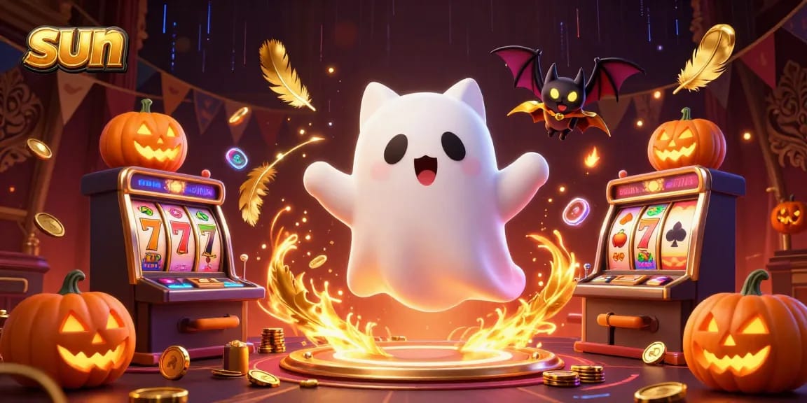 Play in the illuminated sun of a haunted casino with unique characters and vibrant elements.