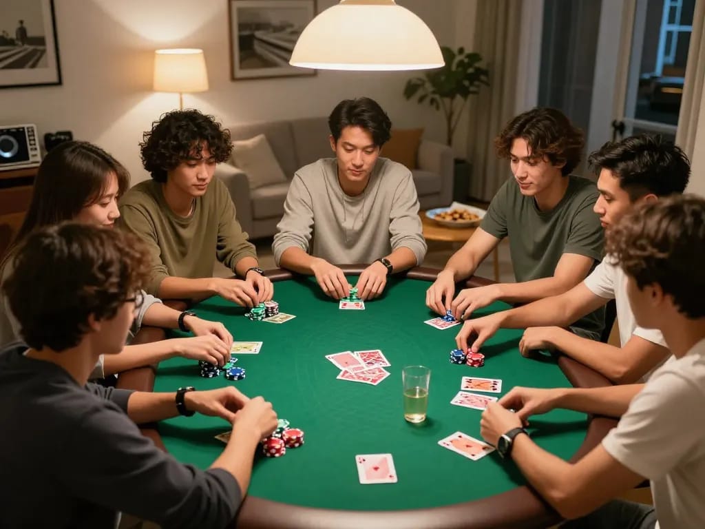 Friends engaged in fun poker gameplay at home, showcasing exciting moments and strategy with go99.