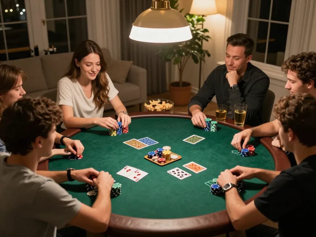 Nohu90 players enjoying an exciting home poker game night with vibrant chips and friendly competition.