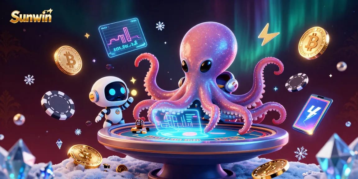 Engage with Sunwin in an electrifying 3D scene featuring an alien octopus at a poker table.