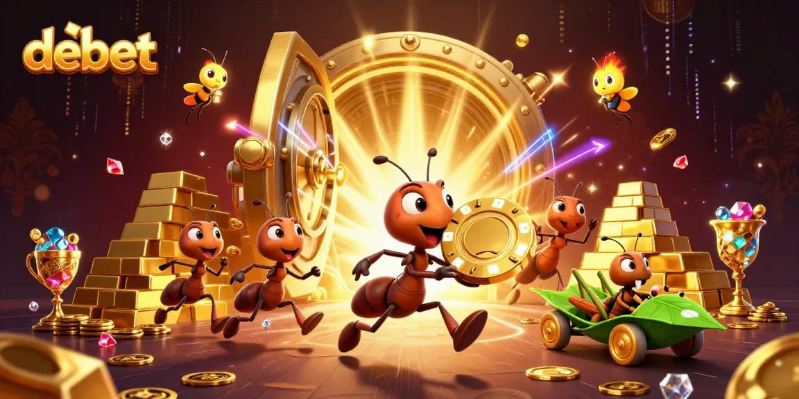 Experience debet gameplay with 3D animated ants stealing a giant poker chip in rich casino treasure