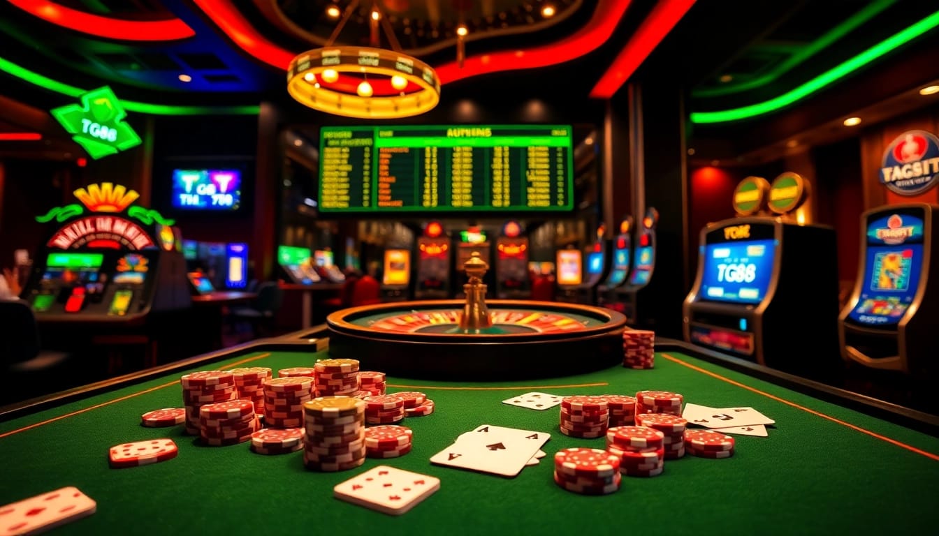 Engage with tg88's premium gambling experience at a lively casino table featuring vibrant poker chips and cards.
