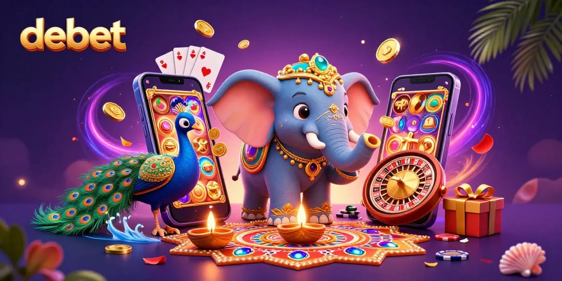 Spin colorful slot reels with the vibrant debet elephant and peacock in a lively casino scene.