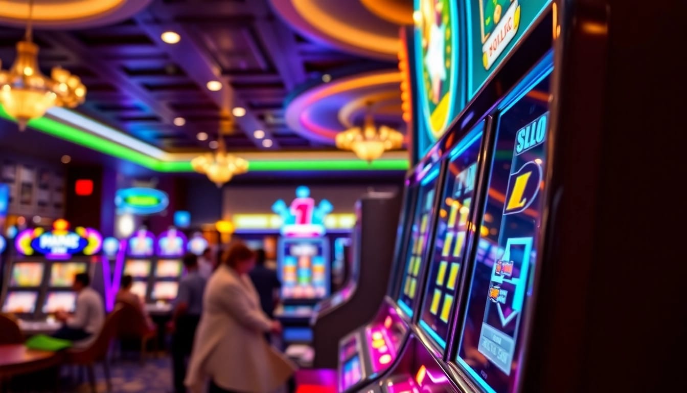 Slot gampang menang menunjukkan mesin slot berwarna-warni dengan pemain yang antusias