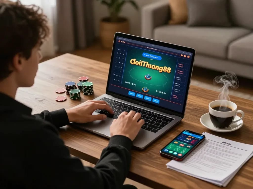 Engaged player utilizing gamedoithuong88 for online poker while sipping coffee, showcasing strategic gameplay.