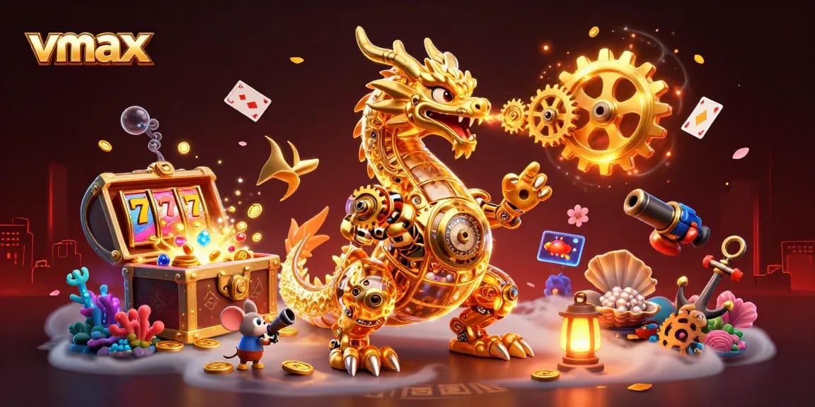 Engage in thrilling games at vmax, with animated golden dragons amidst slot machines and treasures.