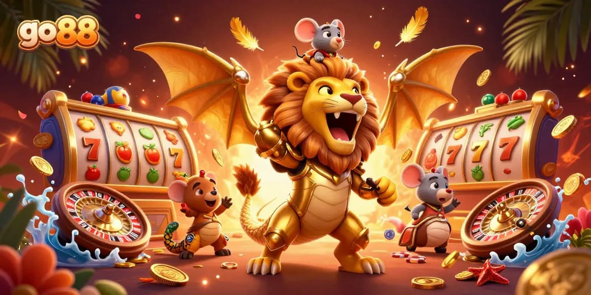 Experience the excitement of go 88 with a thrilling 3D casino carousel featuring vibrant games and a roaring chimera.