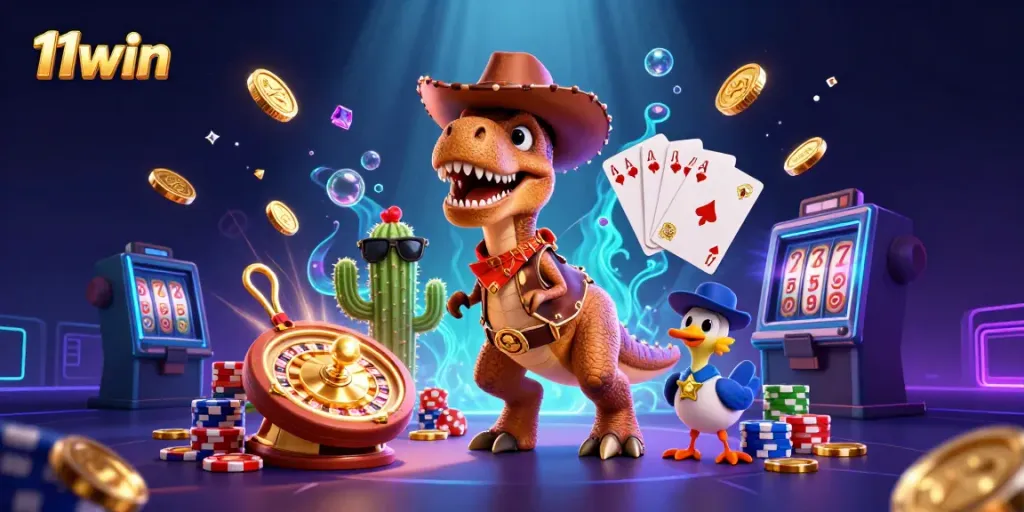 Try your luck with 11win's vibrant gaming adventure featuring a cowboy dinosaur and casino elements.