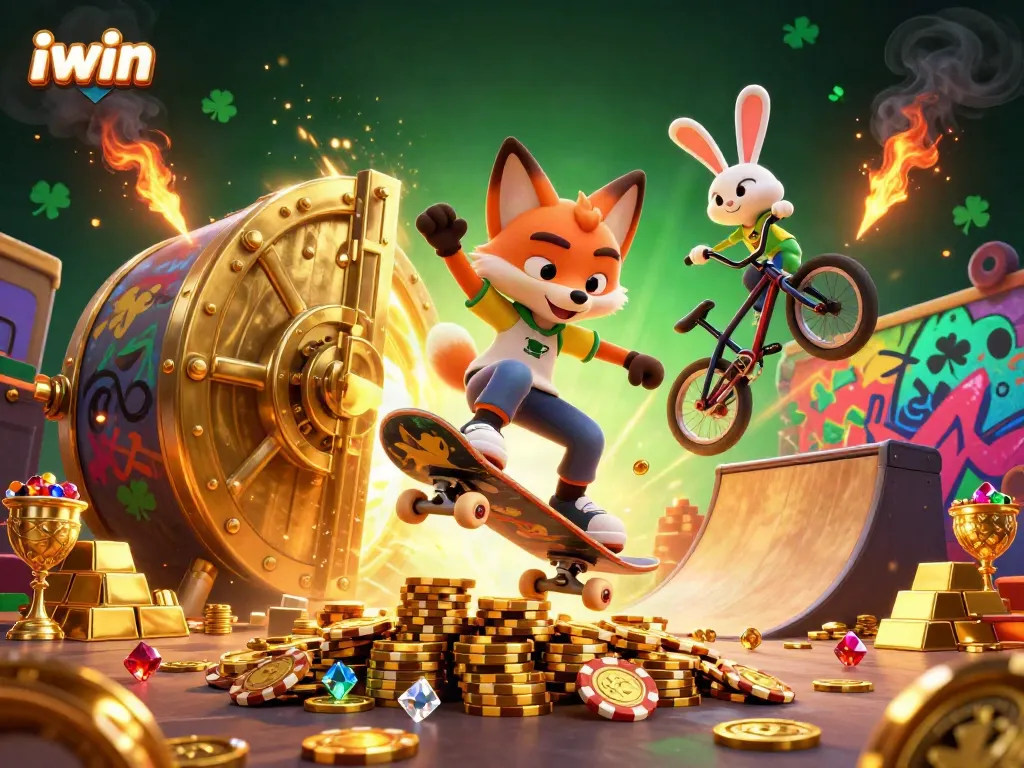 iwin's dynamic casino scene features a skateboarder fox and BMX rabbit against a backdrop of golden treasures.