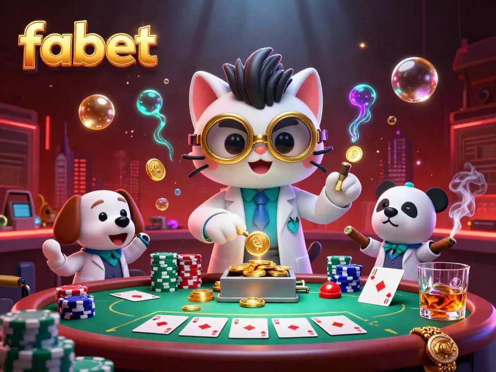 Join the fabet experience where a cartoon scientist cat and dog create a vibrant casino atmosphere with poker elements.