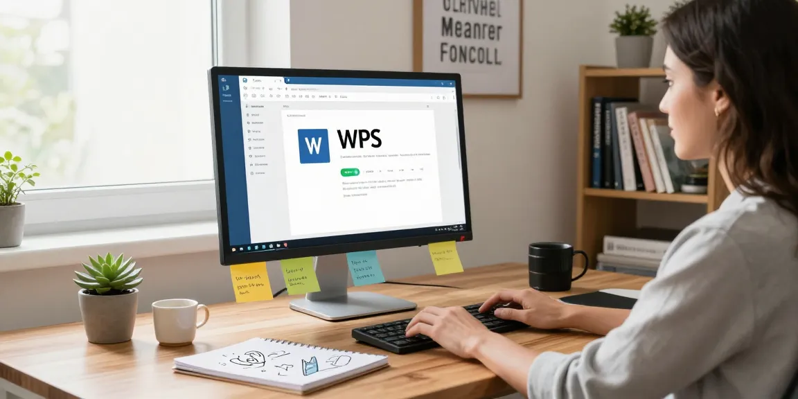 Download WPS Office on a modern workspace with a woman using her laptop and showcasing productivity tools.