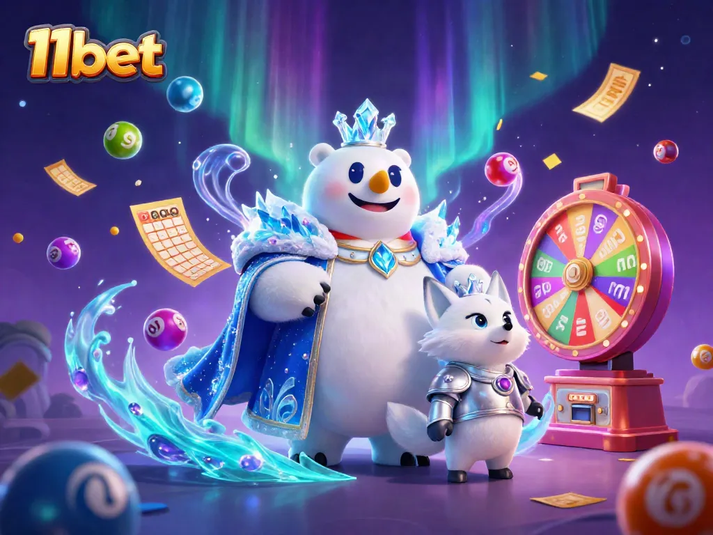 Experience the excitement of 11bet with a vibrant scene featuring a cartoon ice king, a snow fox, and dynamic game elements.