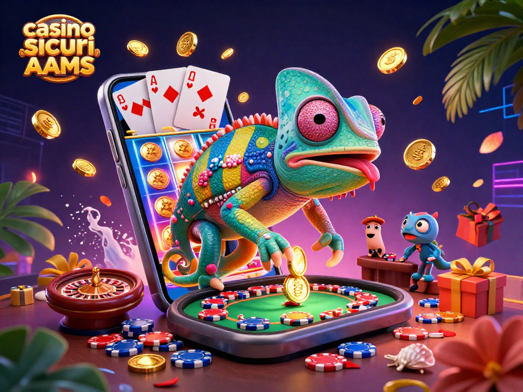 Gioca e vinci con i casino sicuri non AAMS, mentre il camaleonte proprietario cattura monete d'oro e simboli di gioco.