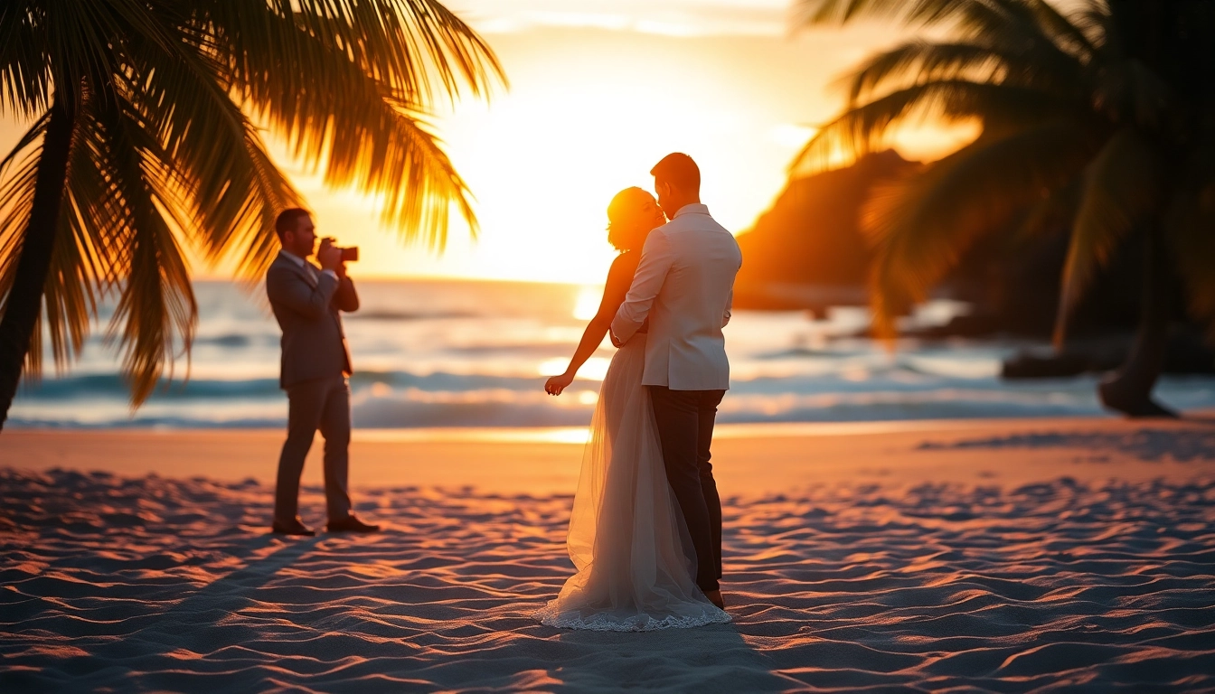 Destination photographer capturing a romantic beach wedding at sunset, showcasing love and beauty.