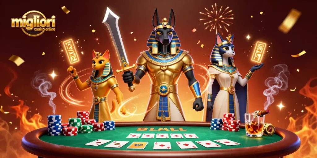 Gioca ai migliori casinò online con Anubis e Bastet in un'illustrazione 3D ricca di elementi di gioco