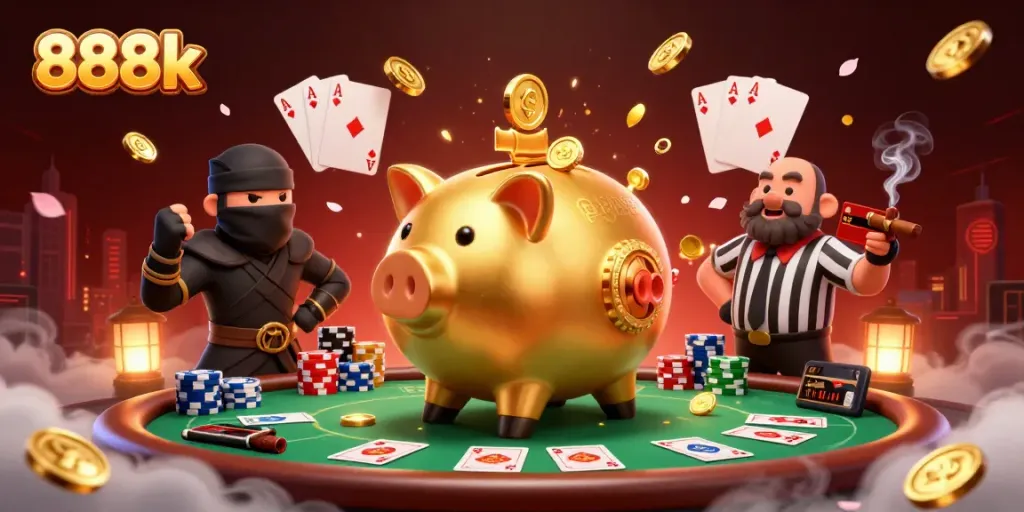 Exciting 888k poker scene with a golden pig sumo wrestler and cosmic elements
