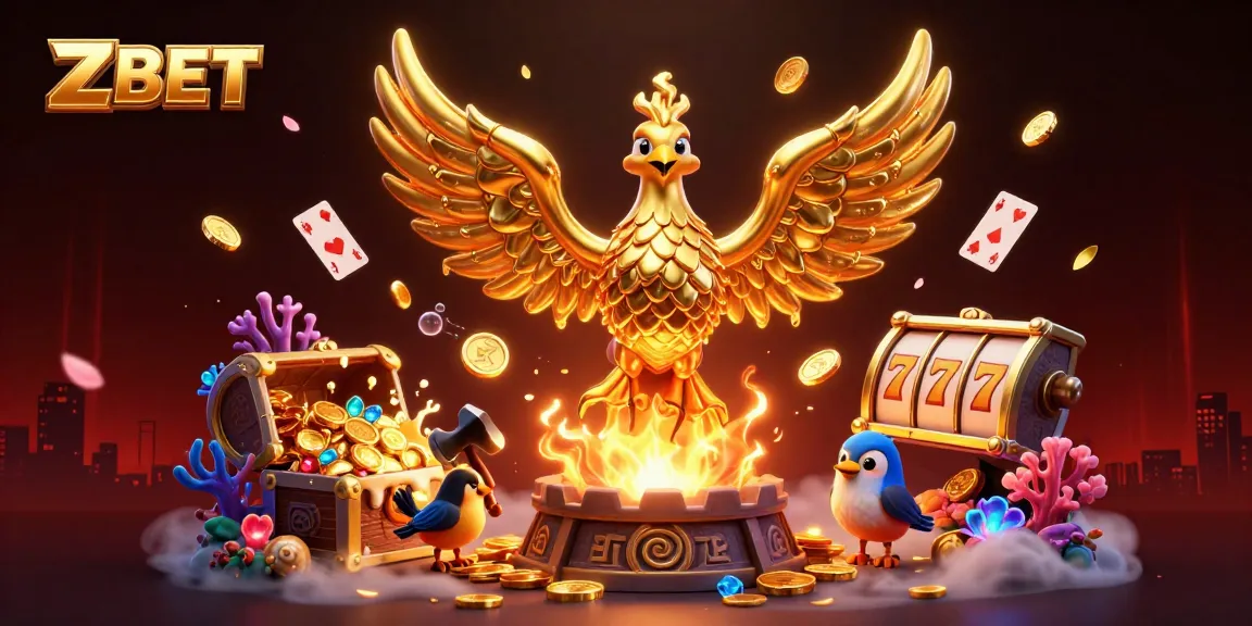 ZBET spins the reels with a golden phoenix and treasures in an electrifying casino scene.