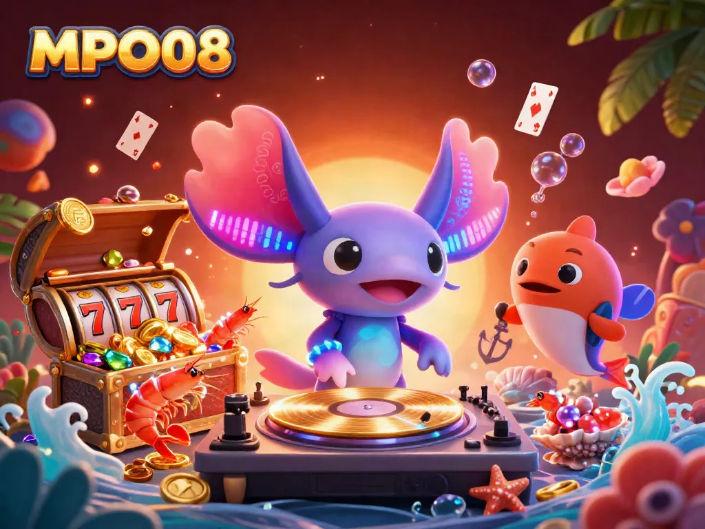 Experience the vibrant world of MPO08, with a neon-colored DJ and catchy gaming elements in an underwater casino scene.