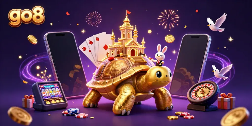 Experience thrilling gameplay at Go8, featuring a golden tortoise casino with a rabbit dealer in a vibrant celebration.