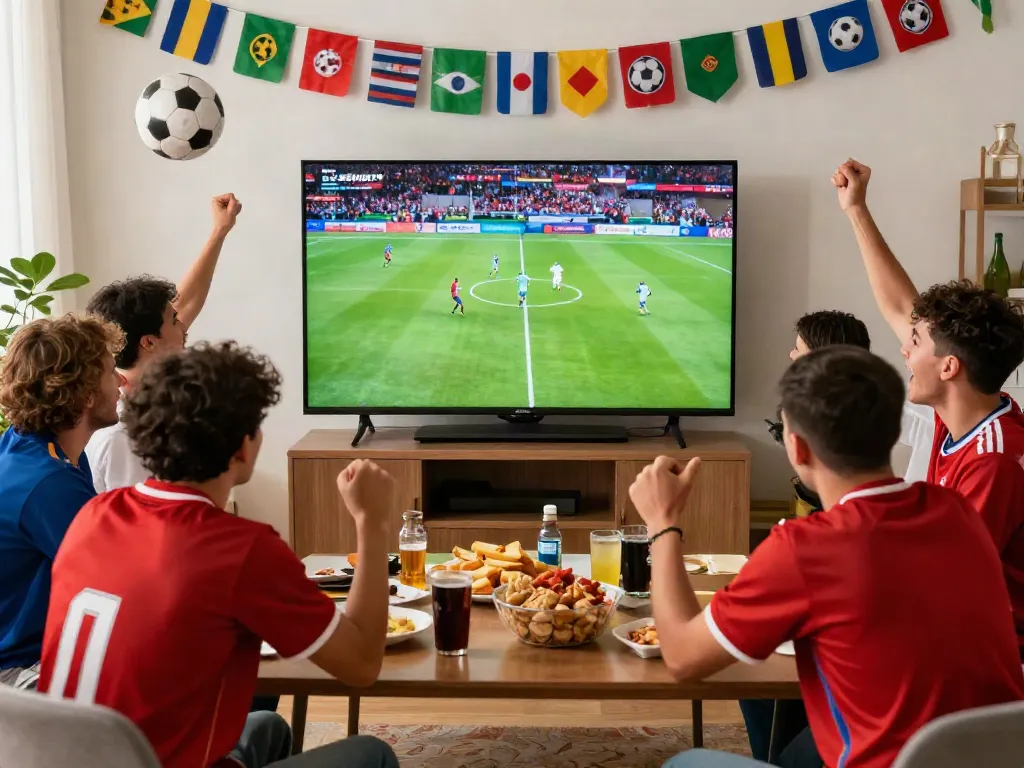 Excited fans watching a live soccer match from Cakhiatv in a vibrant living room.