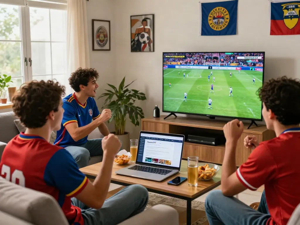 Excited fans enjoying football on ThapcamTV during a lively match at home.