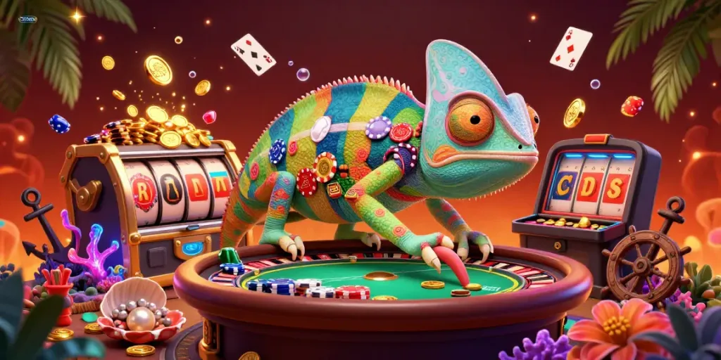 Experience thrilling gaming excitement with LGODEWA's dynamic 3D casino illustration featuring interactive elements.