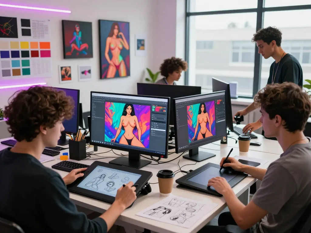 Creative team collaborating on AI porn visuals in a vibrant art studio