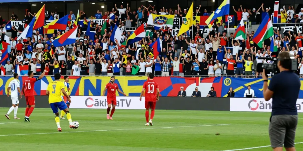 CakhiaTV live soccer match experience, players in action and cheering crowd creating vibrant atmosphere.