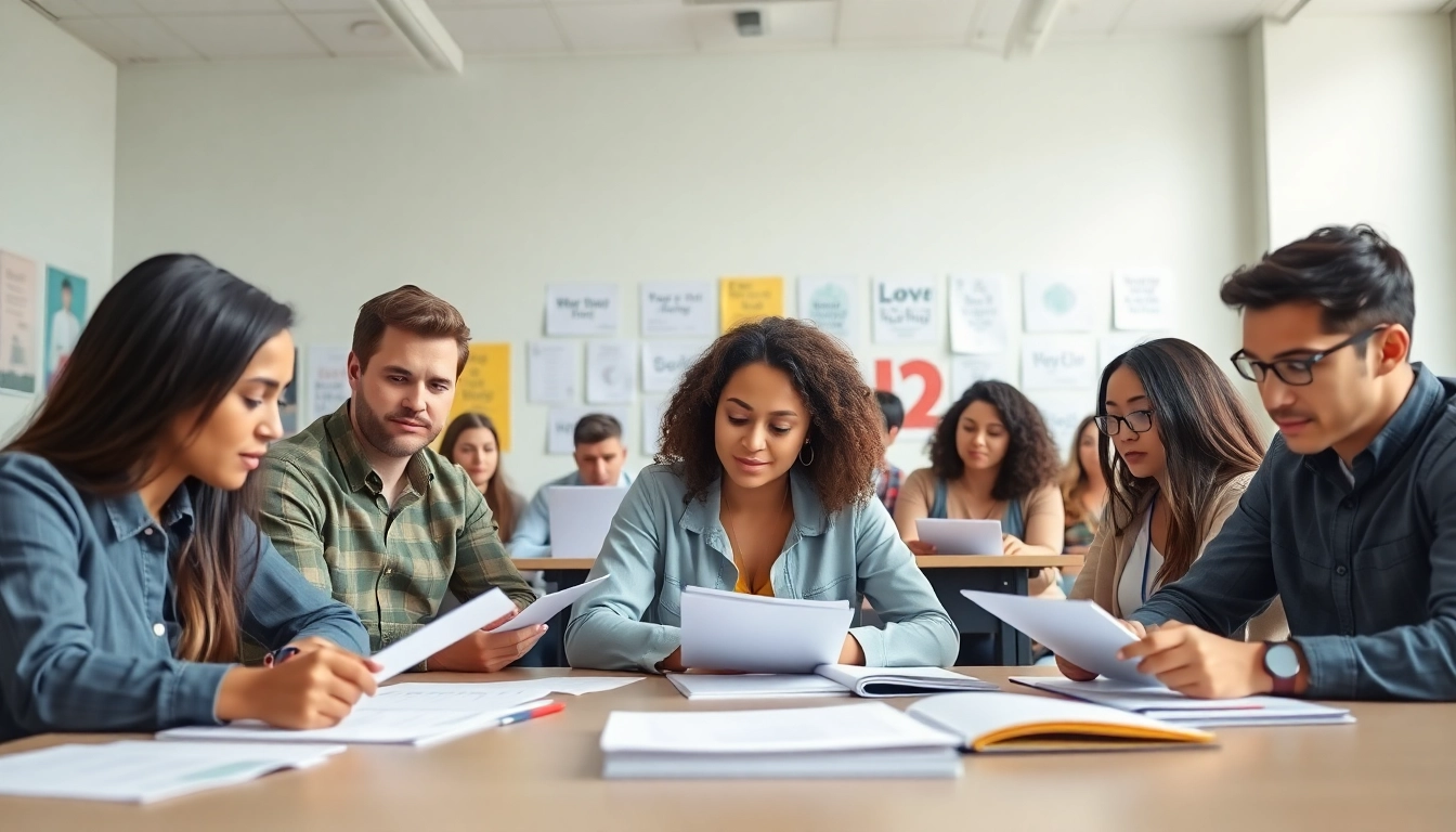 Focused TOEFL test takers for hire collaborating in a bright, professional study session.