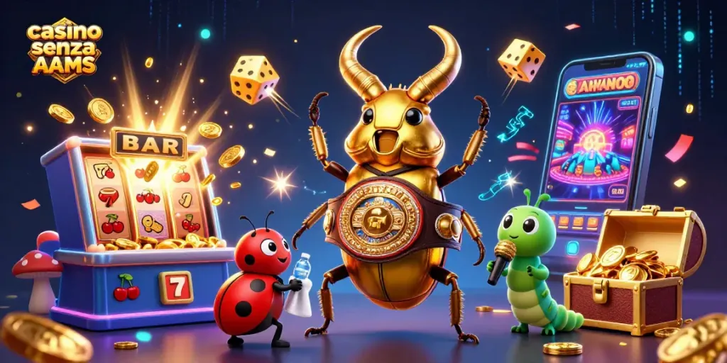 Vinci con casino senza AAMS; scena dinamica di personaggi dei casinò e jackpot esplosivi.
