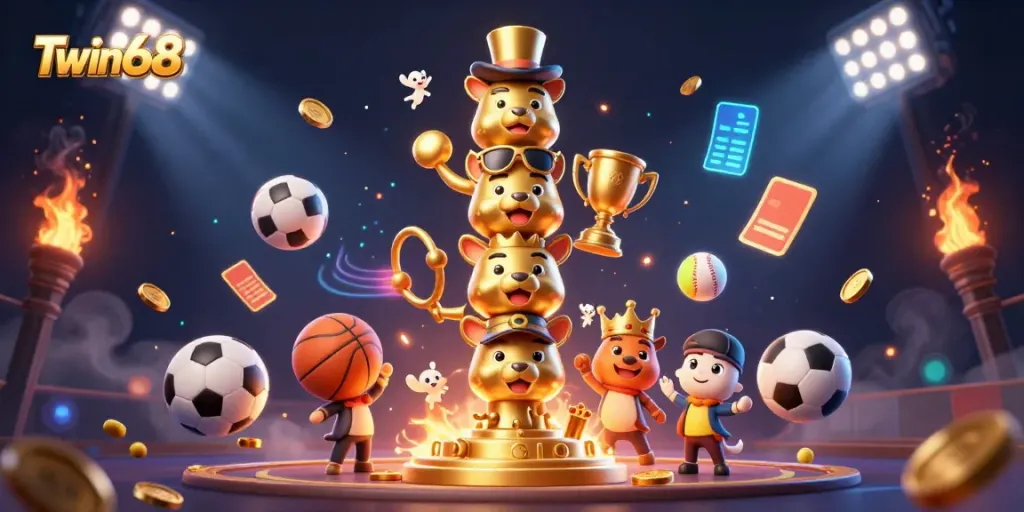 Experience the thrill of Twin68 with unique animated casino totems and dynamic sports elements in a vibrant scene.