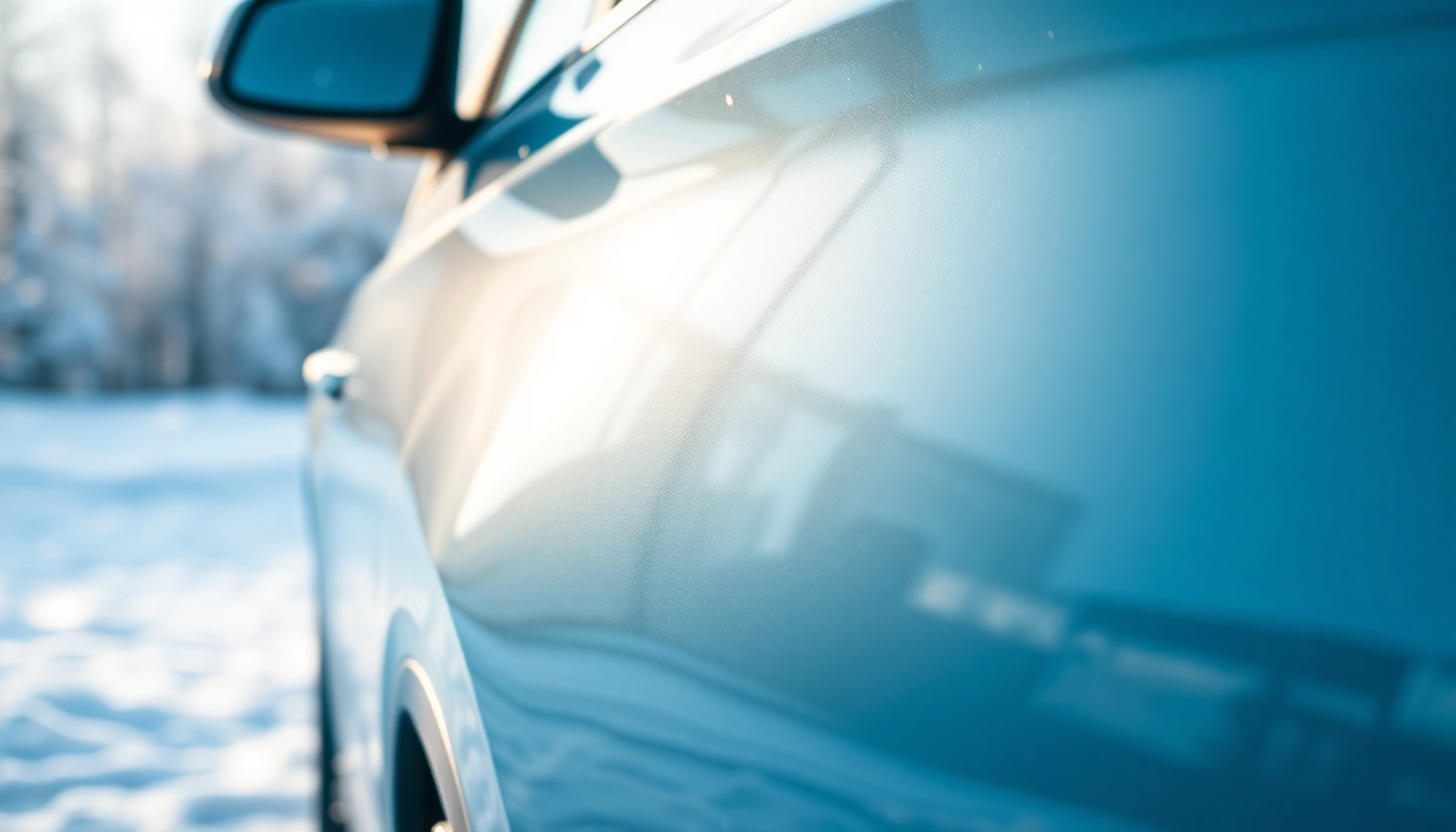 PPF winter road salt protection applied to a vehicle against snowy backdrop emphasizing durability and gloss.