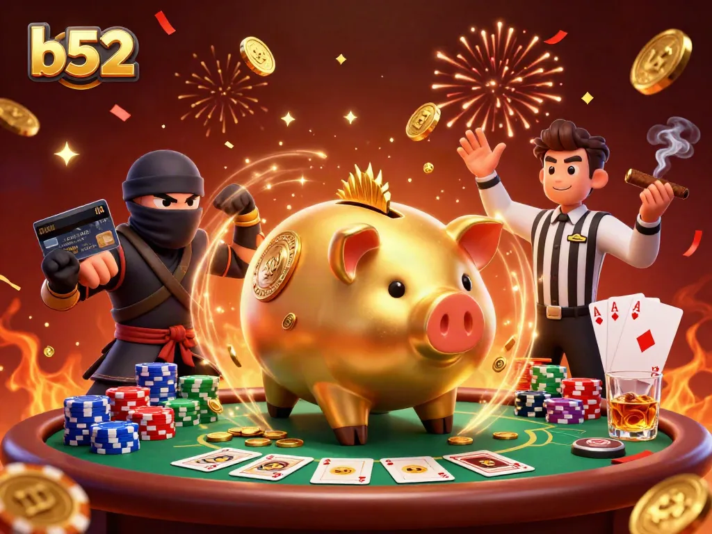 Engage in a thrilling poker scene with b52's golden piggy bank sumo wrestler amidst flying chips and confetti.