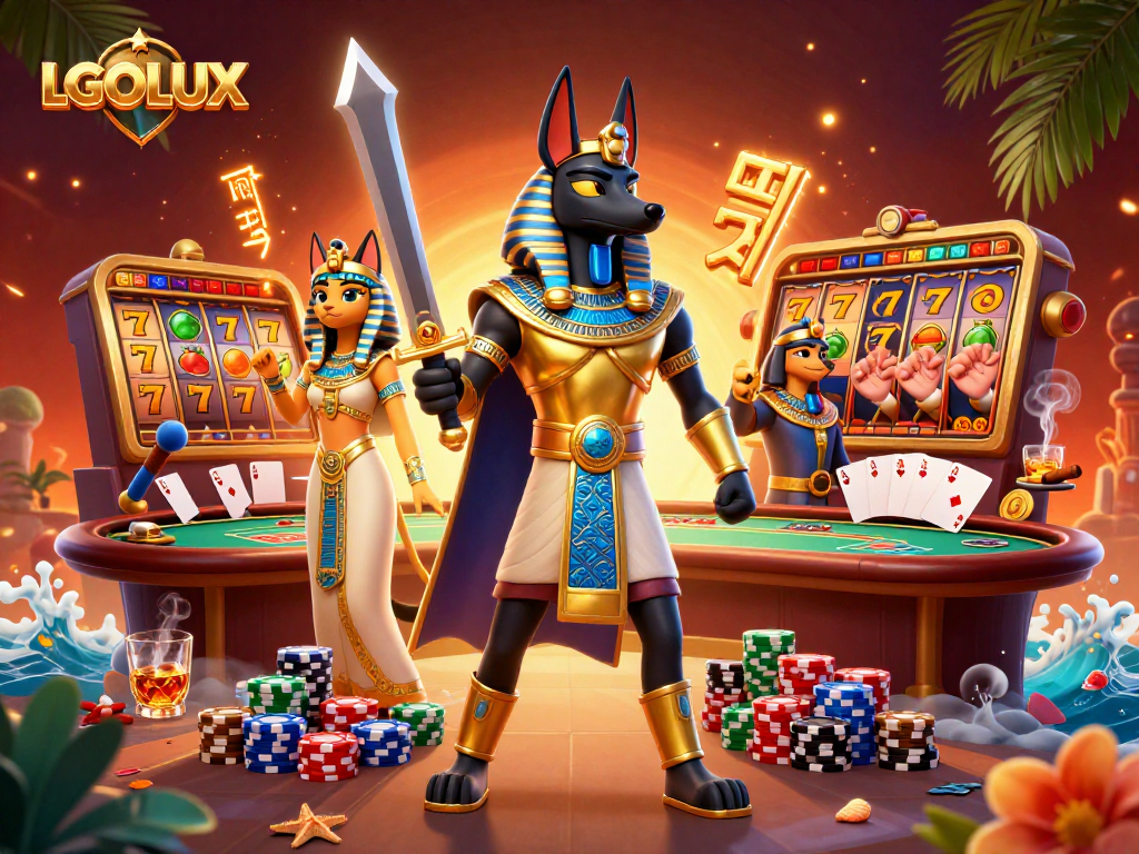 Engage with excitement at LGOLUX with a vibrant illustration featuring Anubis at a casino.