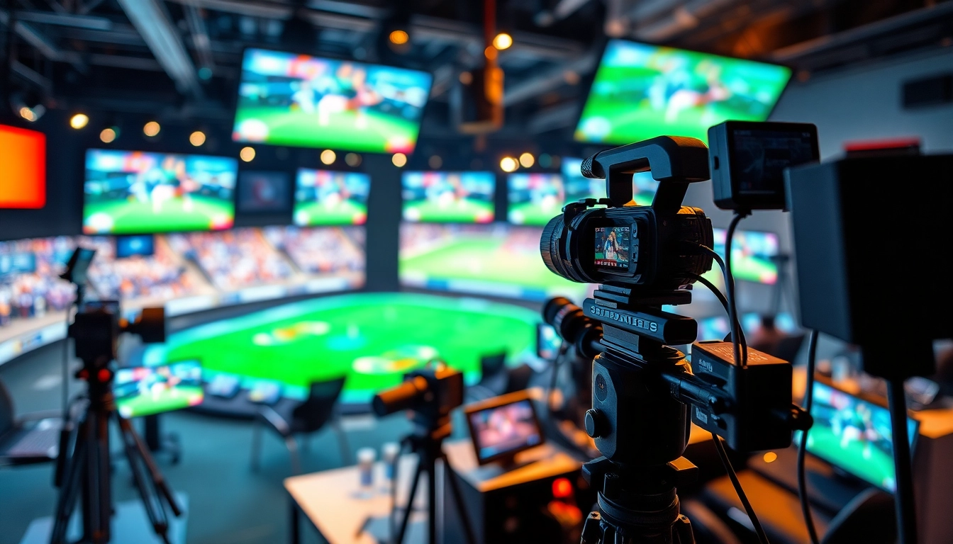 Engaging sports broadcasting setup showcasing vibrant screens, cameras, and microphones.