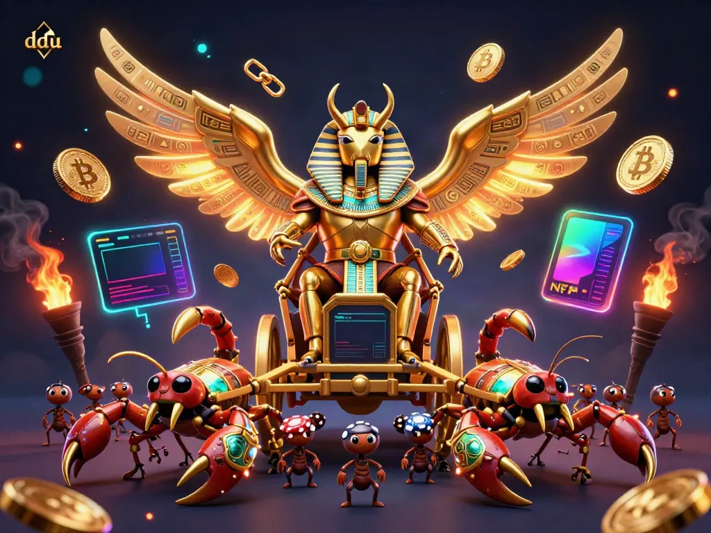 Experience the excitement of dduu with a dynamic scene featuring a golden scarab and crypto elements.