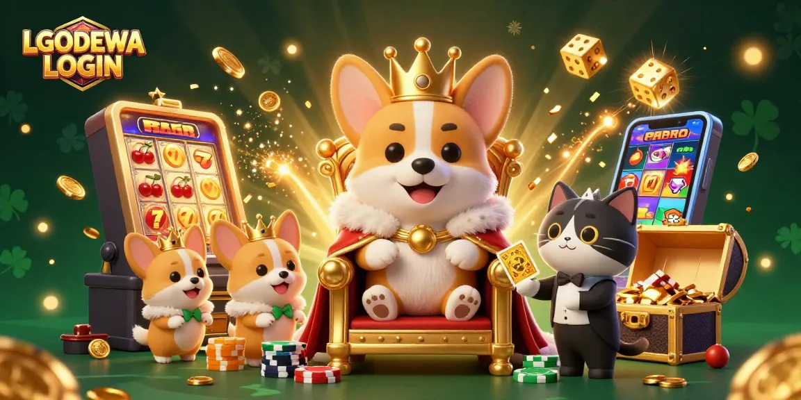 Play and win on LGODEWA LOGIN with vibrant casino elements and royal characters in a dynamic illustration.