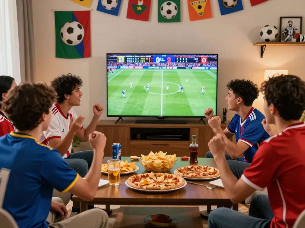 Live football viewing experience on LuongSonTV featuring friends cheering for their teams while watching trực tiếp bóng đá.