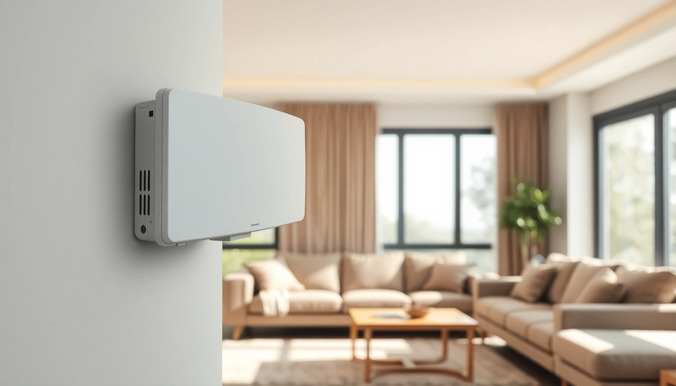 Showcase a mini split ac on a wall in a stylish living room, emphasizing modern design.