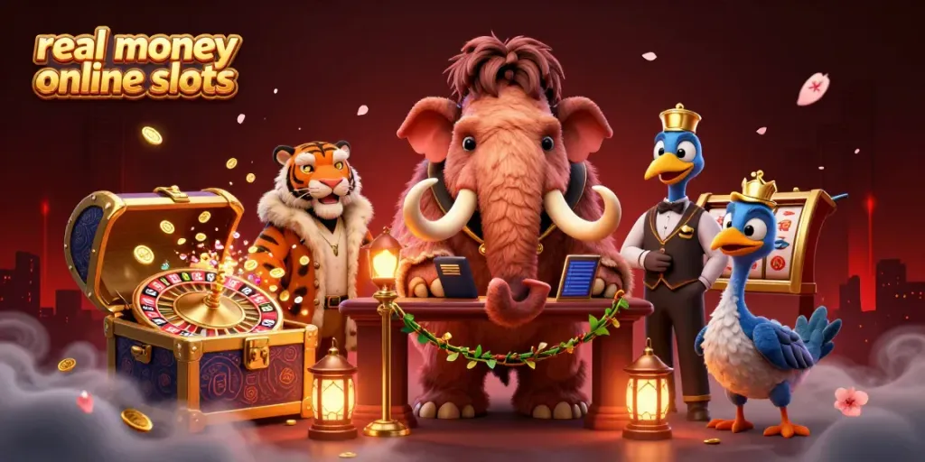 Experience thrilling real money online slots with dynamic casino characters in a vibrant scene.