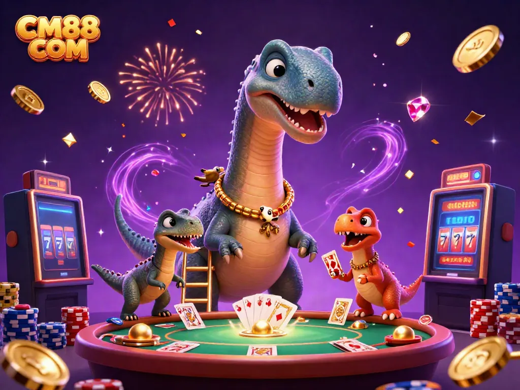 Experience the thrill at CM88 COM with a vibrant casino scene featuring a tall brontosaurus and dynamic gaming elements.