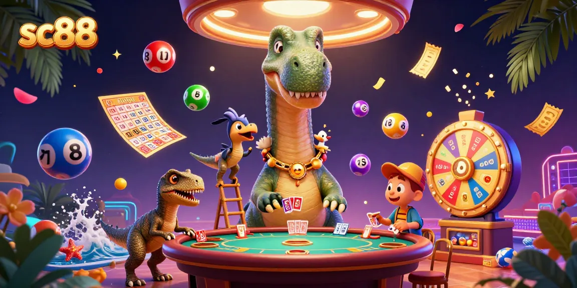 Engage in thrilling games at sc88 with a vibrant casino scene featuring a cartoon brontosaurus and raptor!