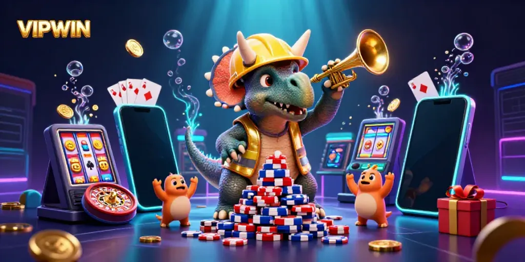 VIPWIN showcases a dynamic casino scene with cartoon dinosaurs celebrating poker and gaming adventures.