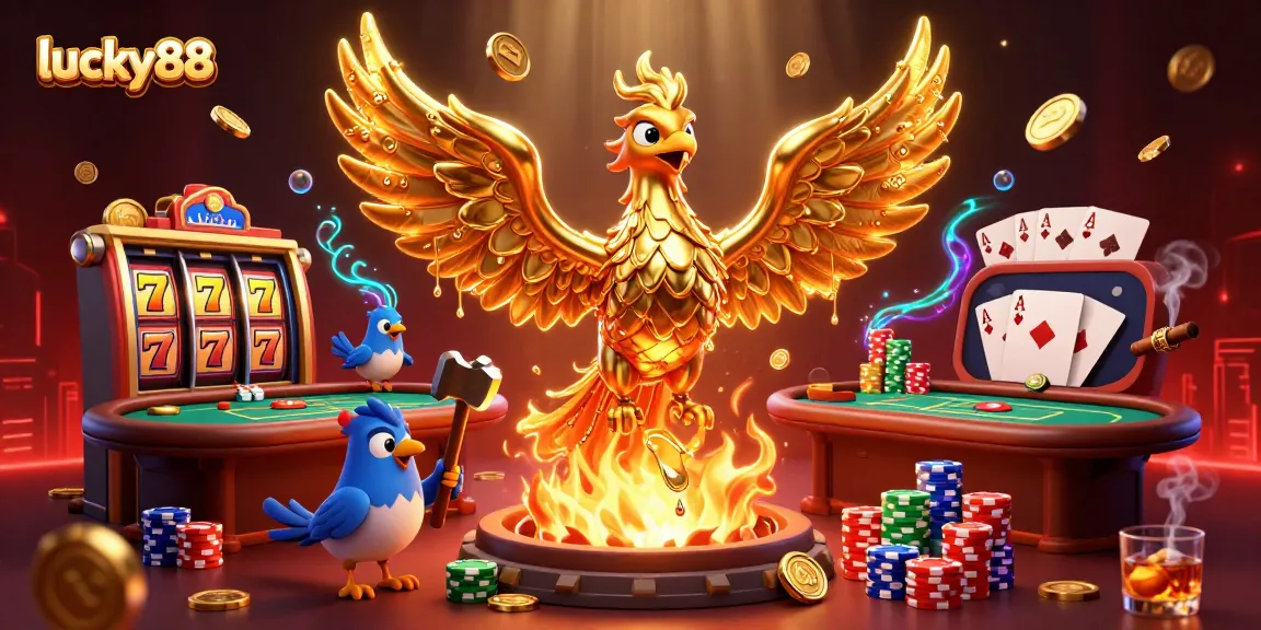 Experience the vibrant action of lucky88 with a molten gold phoenix amidst rich casino elements.