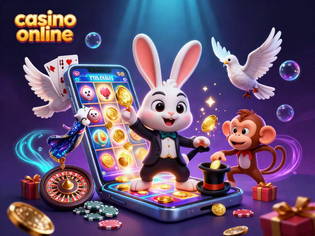 Disfruta del casino online mientras el conejo mago lanza monedas y el mono roba fichas.