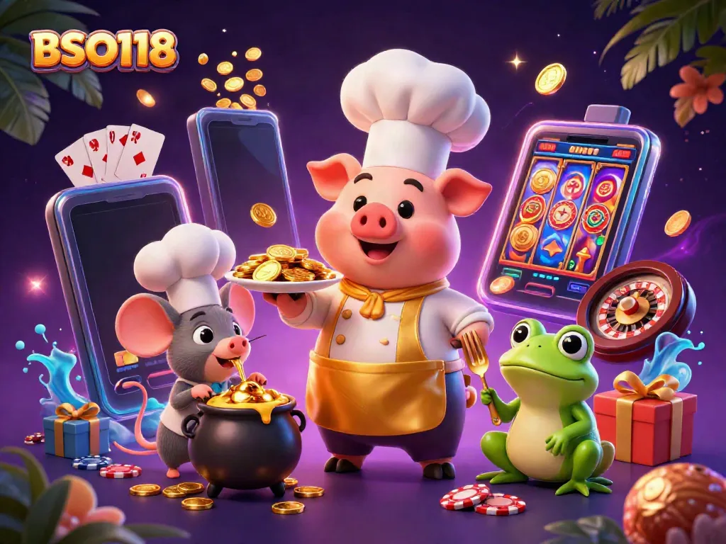 Play exciting casino games with BSO118 as a chef pig serves gold coins in this vibrant illustration.