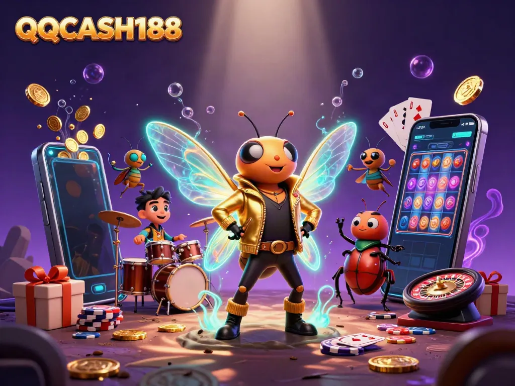 Experience thrilling gameplay with the QQCASH188 lively casino scene featuring colorful slots and characters.